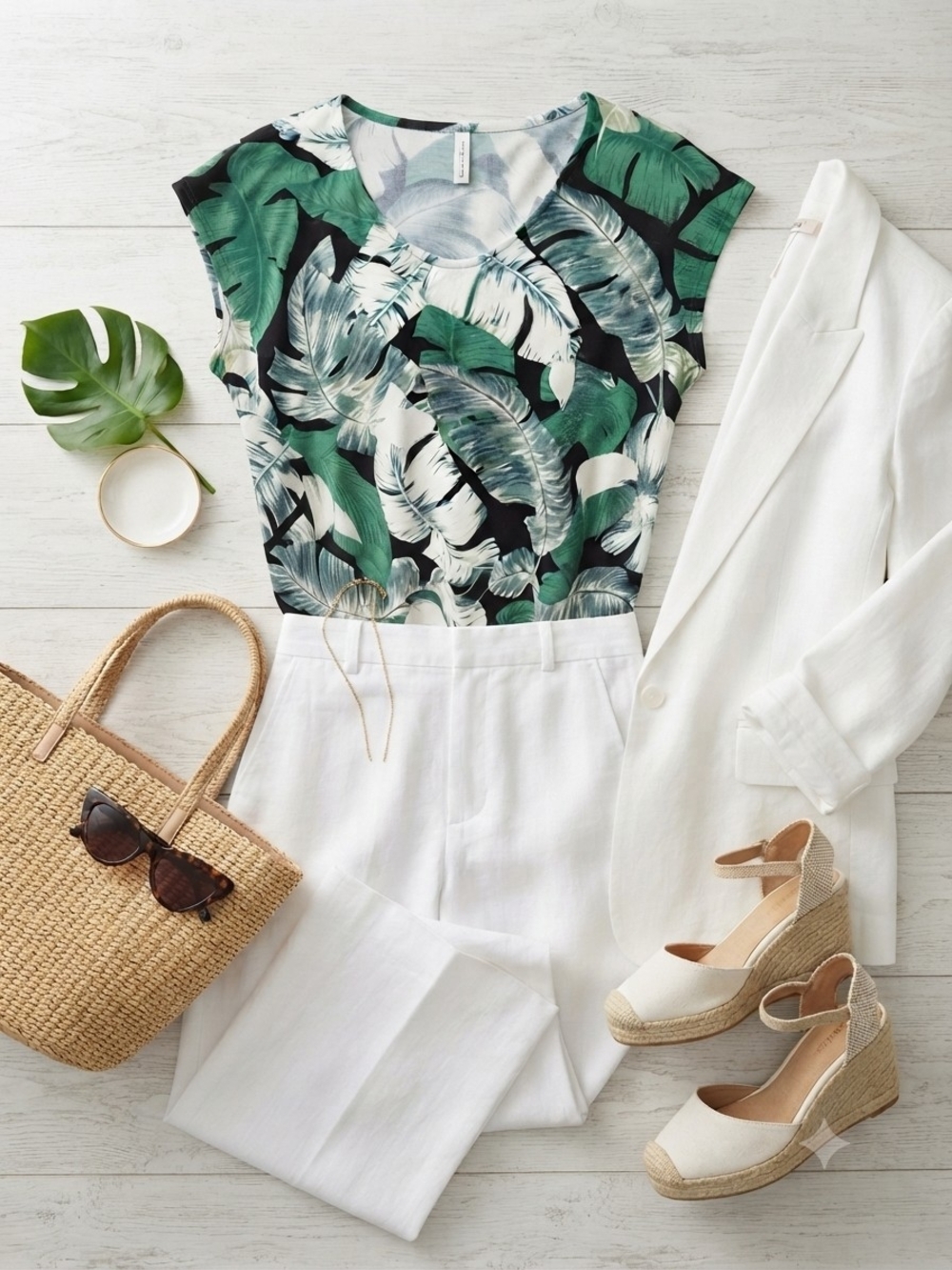 2/$15 Jules & Leopold Teal and White Leaf-Print Cap Sleeve Top
